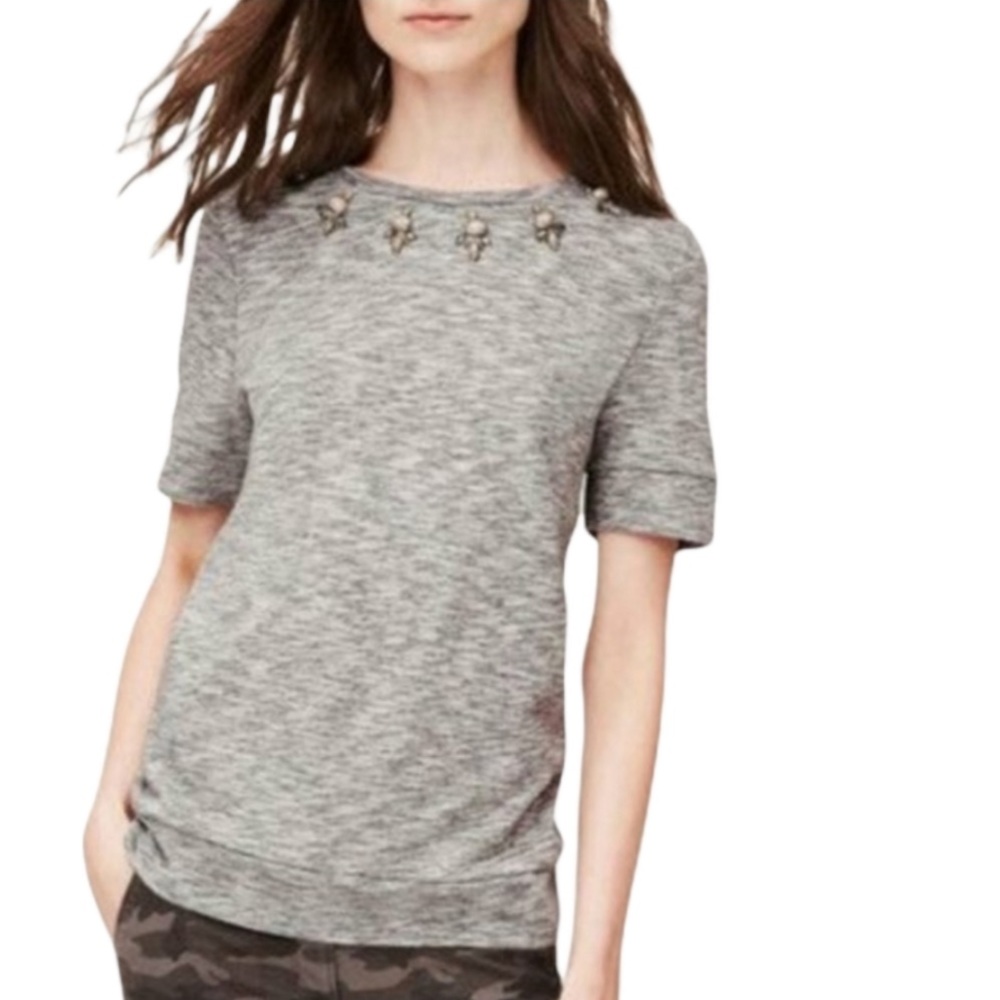 Ann Taylor LOFT Jeweled Neckline Embellished Short Sleeve Top